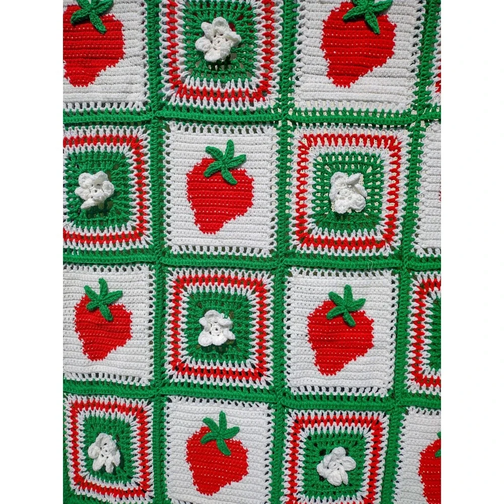 Handmade Crochet Strawberry Granny Square Blanket 46x70 Afghan Throw Grannycore